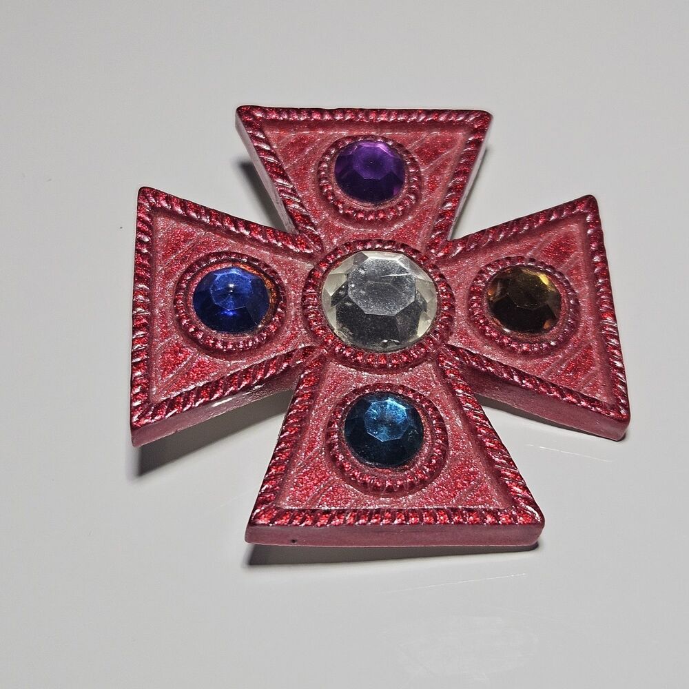 Vintage Red Geometric Cross Multicolored Rhinestones Brooch - Picture 2 of 9